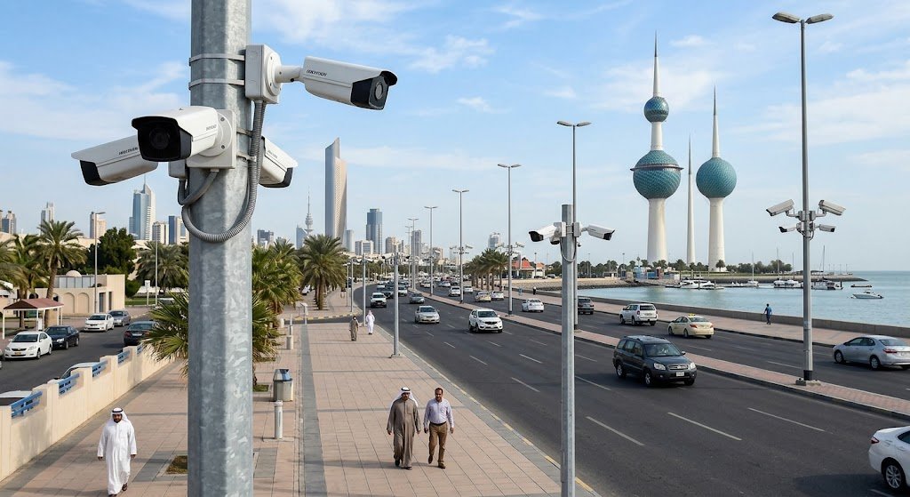 فني متخصص يقوم بتركيب وضبط كاميرا مراقبة ذكية بدقة عالية على واجهة مبنى حديث في الكويت لضمان الأمن والحماية على مدار الساعة