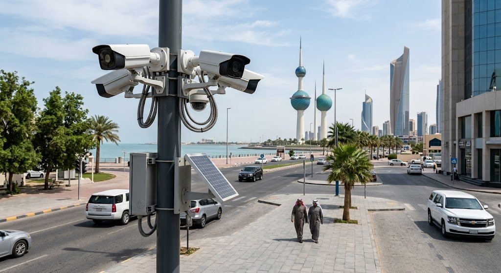 فني تقنية معلومات يقوم بتركيب وضبط زوايا كاميرا مراقبة ذكية عالية الدقة على واجهة مبنى تجاري في الكويت لضمان تغطية أمنية شاملة